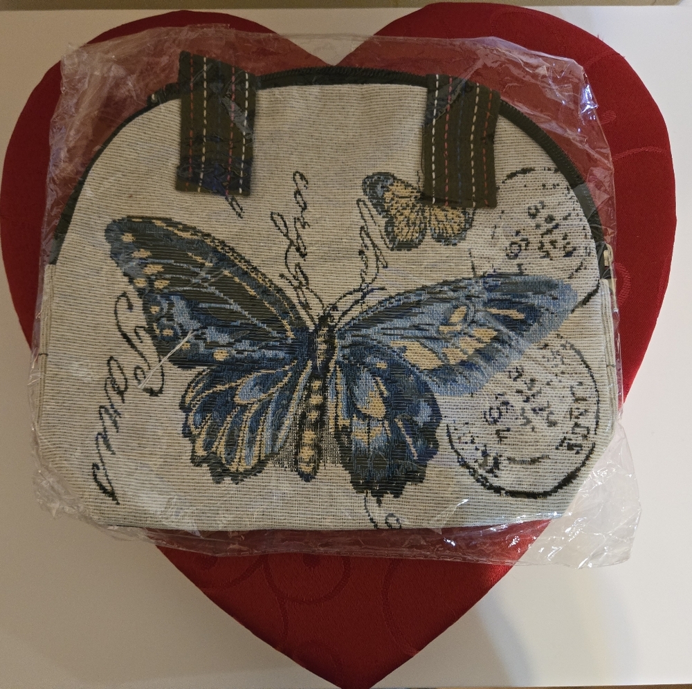 Blue Butterfly Embroidered Canvas Tote - Women's Small Handbag - Picture 6 of 6